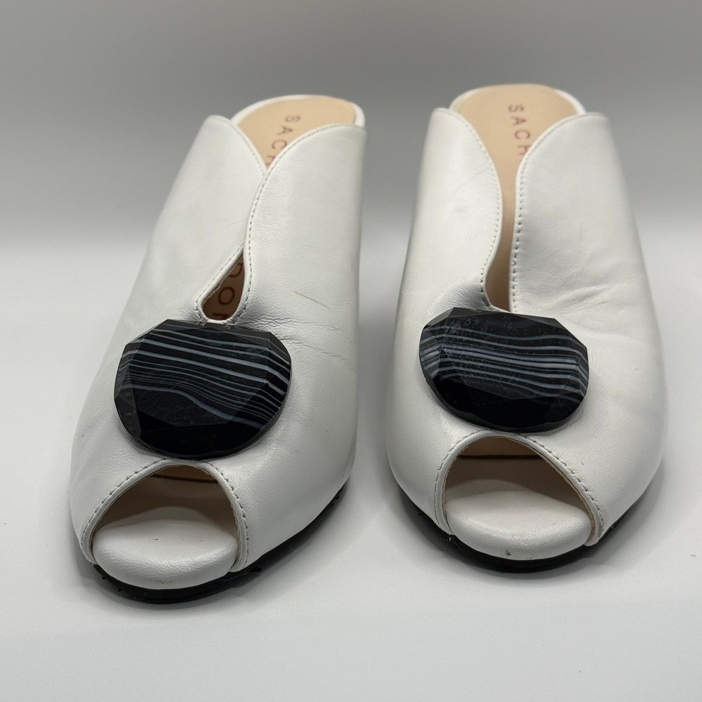 Sacha London White Leather Peep Toe Mule Block Heel Agate Ornament Womens 7.5